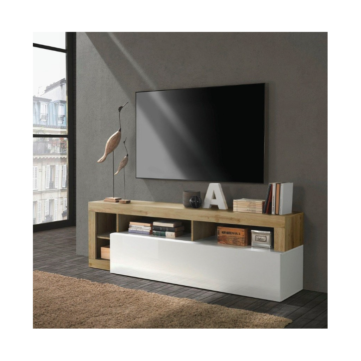 Meuble TV HAMBOURG – Blanc laqué brillant / Chêne Cadiz